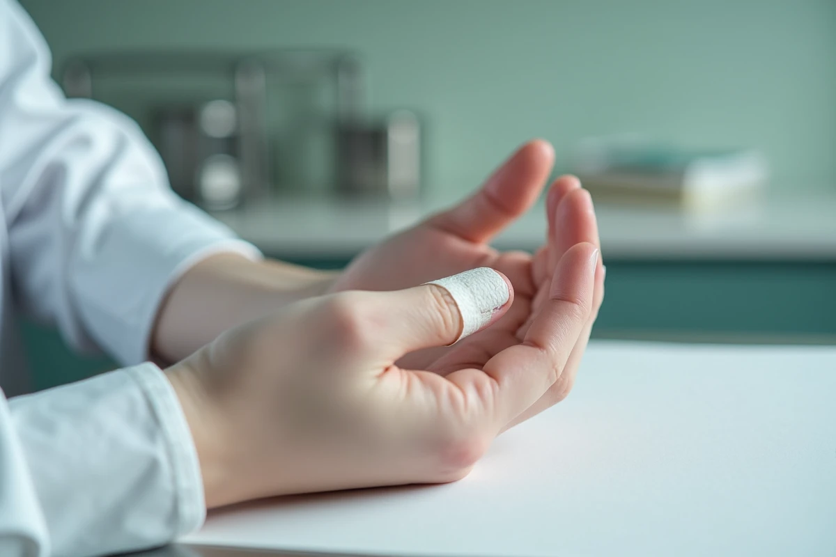 Gros plan d'un doigt pansé avec une compresse stérile chez un médecin pour cicatrisation d'un ongle arraché