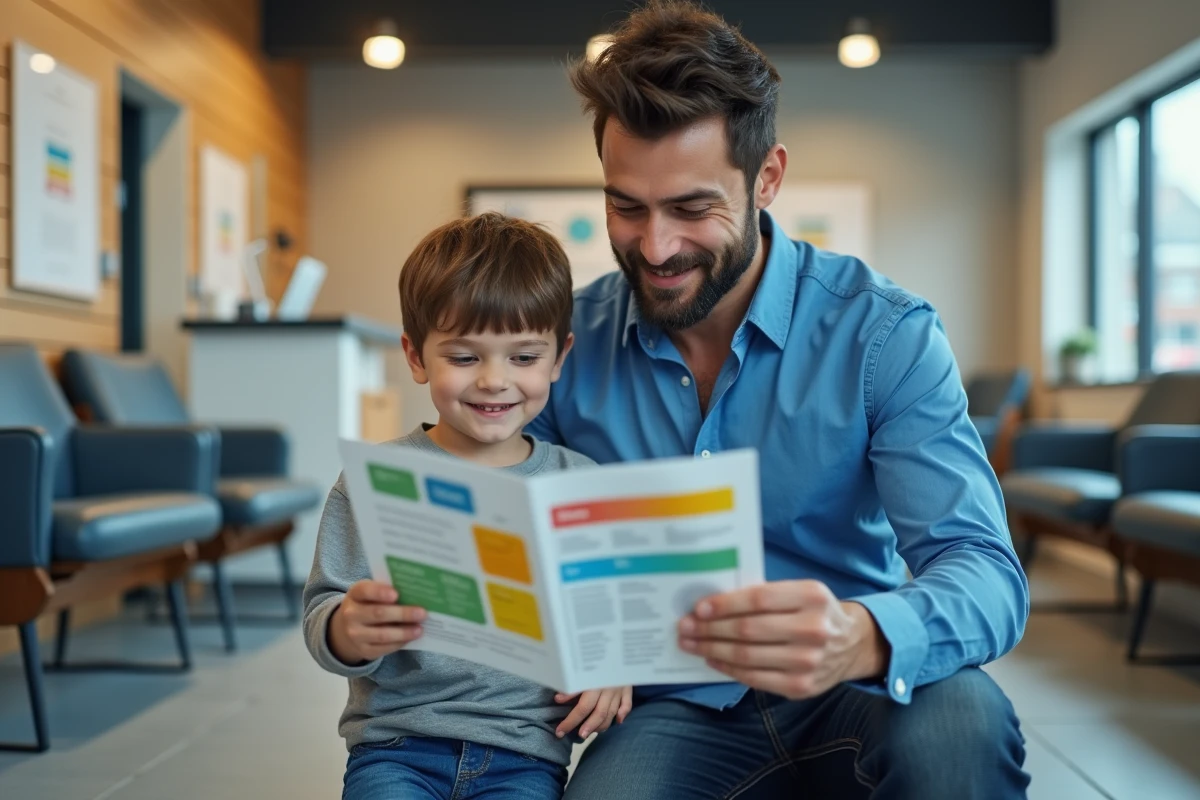 Père et fils examinent un pamphlet dans une salle d