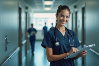 Infirmière paramedicne souriante dans un hôpital moderne