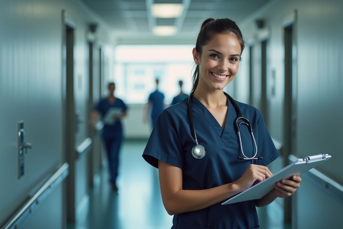 Infirmière paramedicne souriante dans un hôpital moderne