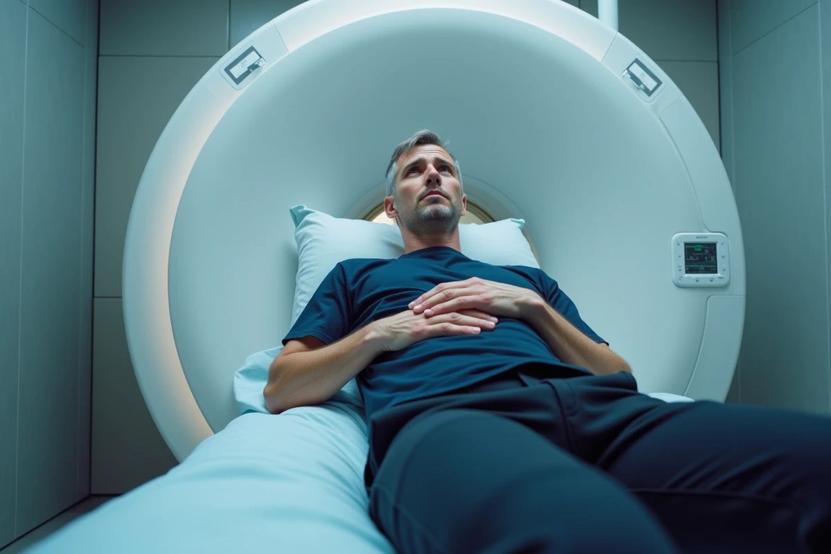 Patient allongé dans un appareil IRM lors d'un examen radiologique en milieu hospitalier
