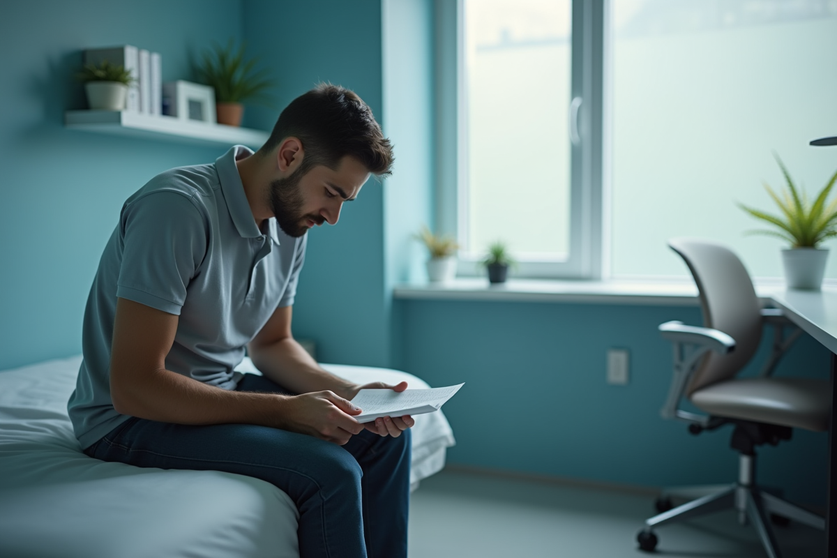 Jeune homme anxieux assis sur une table d