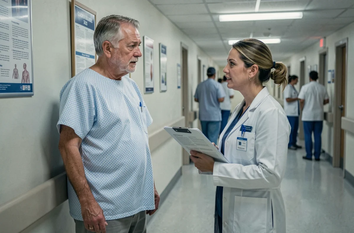 Patient âgé discutant avec un médecin dans un couloir d'hôpital après diagnostic de symptômes gastriques