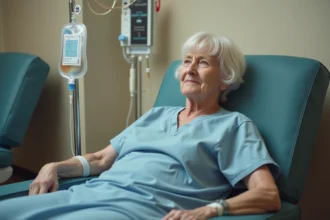 Femme d'âge moyen recevant une perfusion de fer dans un centre médical, assise dans un fauteuil de soins avec une ligne intraveineuse