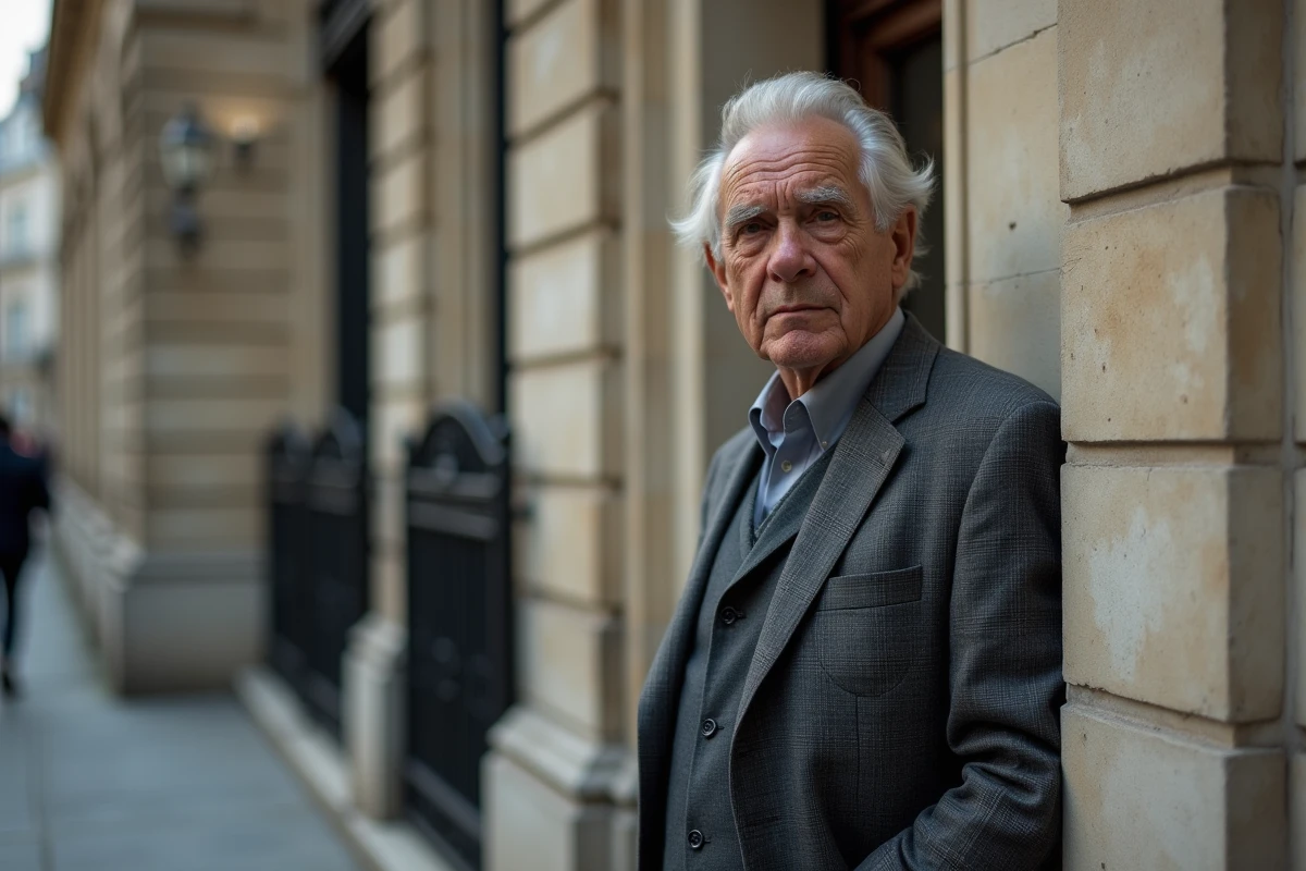Personnalité politique âgée en costume gris devant un bâtiment institutionnel parisien, illustrant les apparitions publiques d'une figure politique française malade
