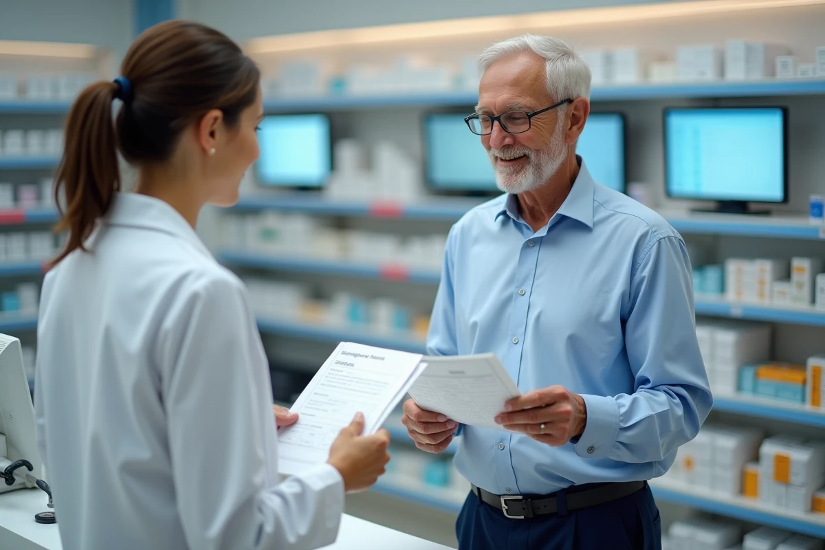 Patient âgé consultant une pharmacienne sur les documents de prise en charge maladie longue durée