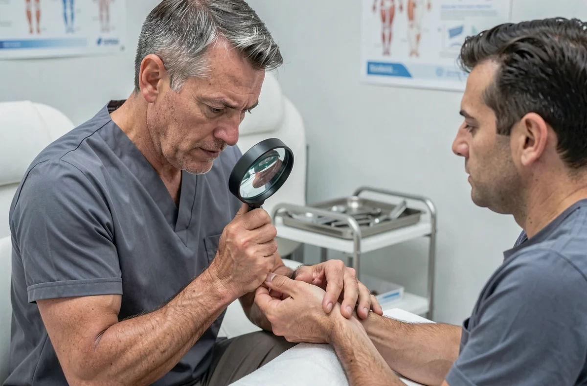 Physiothérapeute inspectant la matrice d'un ongle blessé avec une loupe dans un cabinet médical moderne