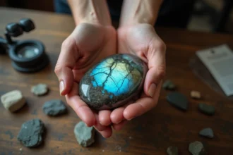 Mains tenant une pierre de préoccupation artisanale en labradorite polie, gros plan sur la texture naturelle et les inclusions minérales