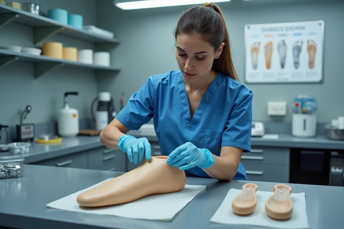 Podologue préparant une semelle orthopédique sur mesure pour traiter l'épine calcanéenne dans un laboratoire médical