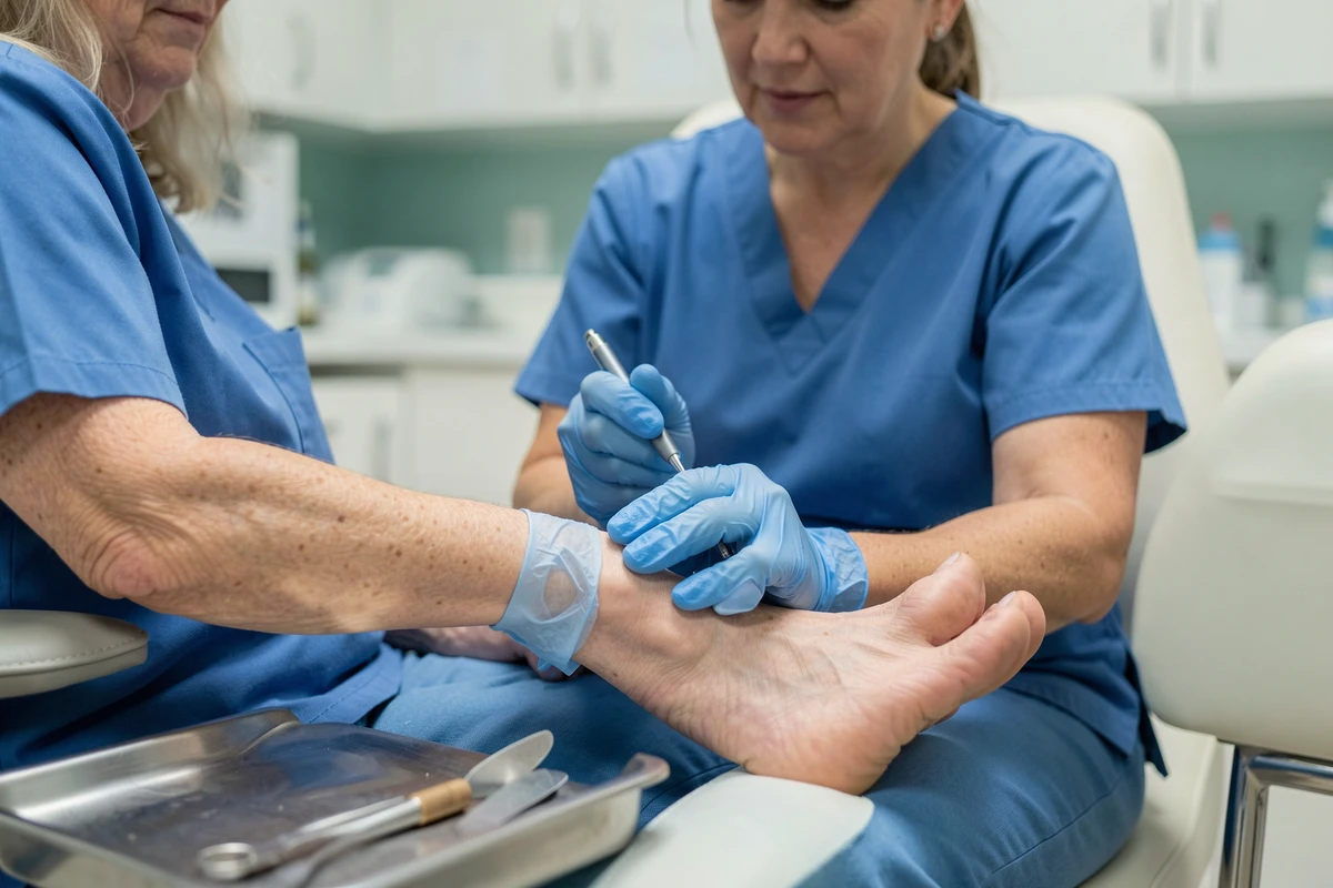 Podologue en cabinet traitant des ongles de pieds épaissis d'un patient âgé avec des instruments professionnels