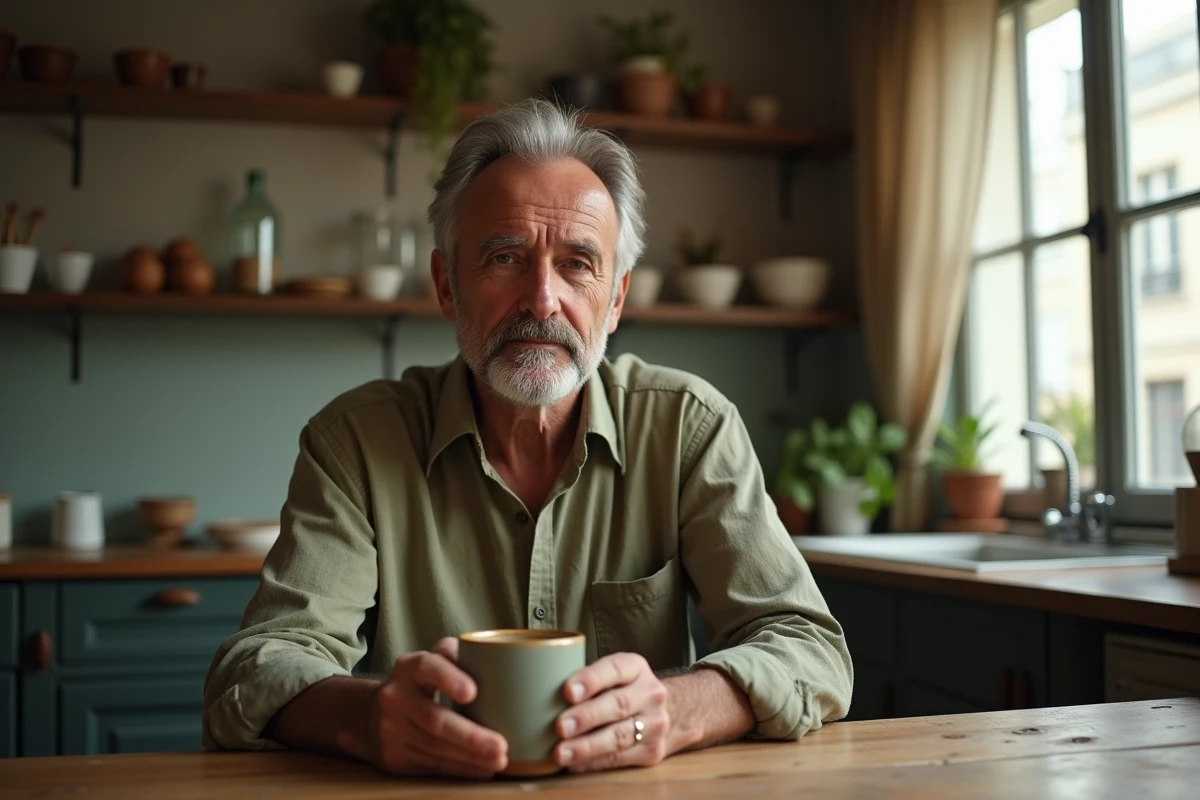 Homme mature tenant une tasse de café chez lui, portrait intimiste évoquant la vie quotidienne avec une maladie chronique auto-immune