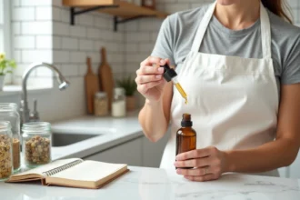 Femme préparant un sérum maison avec des ingrédients naturels sur un plan de travail en marbre