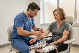 Infirmier réalisant une prise de sang à une patiente dans un cabinet médical pour surveiller l'évolution de la troponine