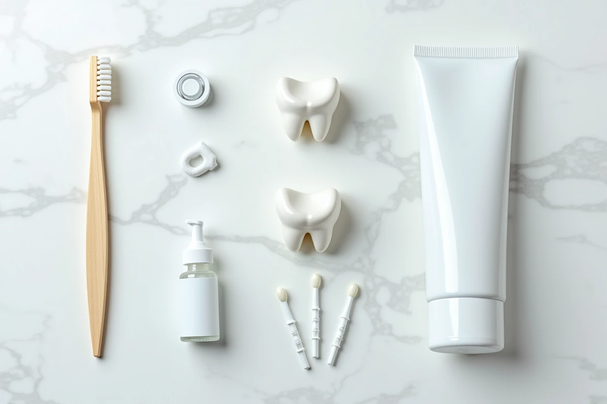 Produits d'entretien quotidien pour couronnes dentaires en céramique disposés sur un plan en marbre blanc