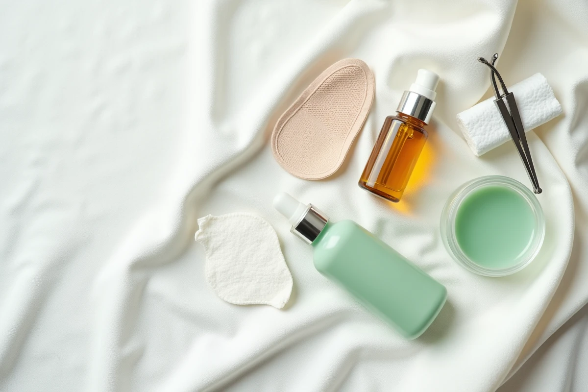 Produits de soins pour poils incarnés zone pubienne disposés en flat lay sur tissu blanc incluant huile d'arbre à thé et gant exfoliant