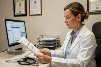 Professionnelle de santé consultant des documents de facturation médicale à son bureau dans un cabinet médical