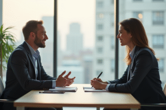 Psychologue et client discutant dans un bureau lumineux