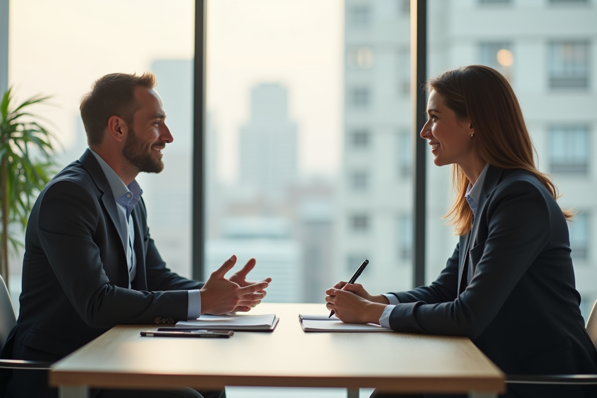Psychologue et client discutant dans un bureau lumineux