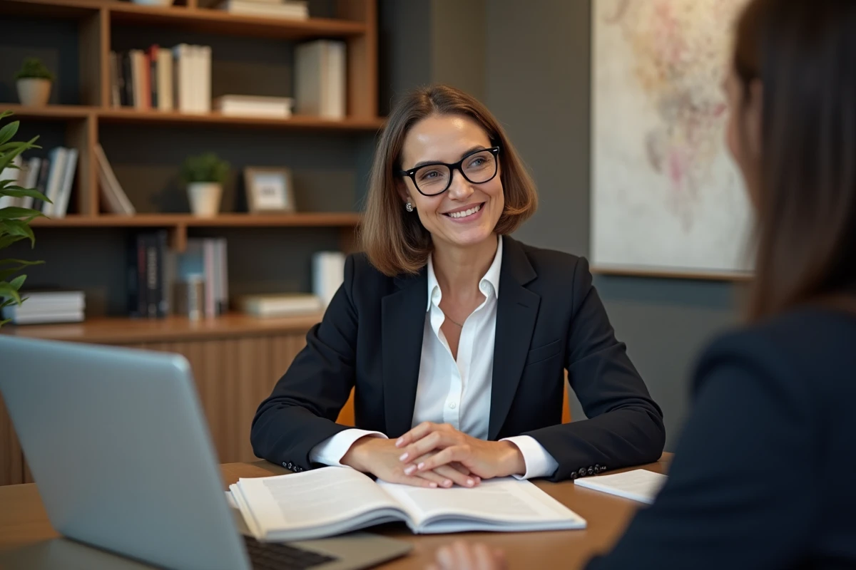 Femme confiante en cabinet avec livres et ordinateur
