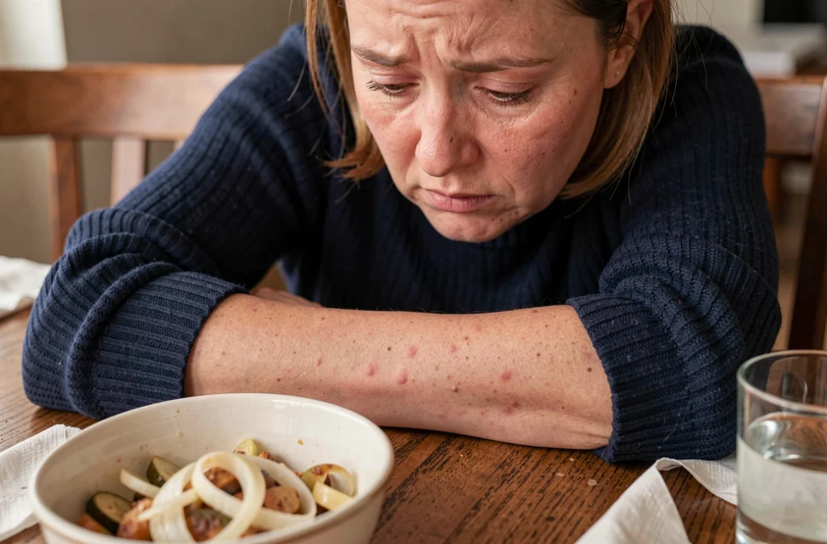 Femme adulte présentant une réaction allergique cutanée sur l'avant-bras après avoir mangé des oignons, assise à une table avec un plat cuisiné