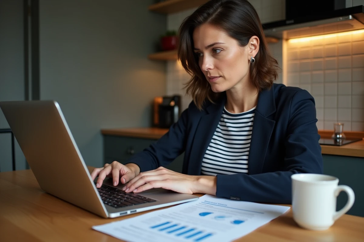 Femme consultant en ligne la liste des 30 maladies exonérantes à 100% de l'Assurance Maladie depuis chez elle