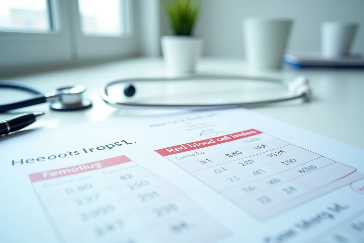 Résultats d'analyse sanguine avec valeurs TCMH annotées sur un bureau médical de consultation