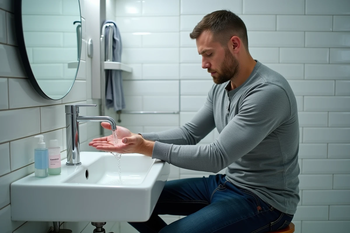 Homme rinçant un doigt blessé avec un ongle arraché sous l'eau courante dans une salle de bain