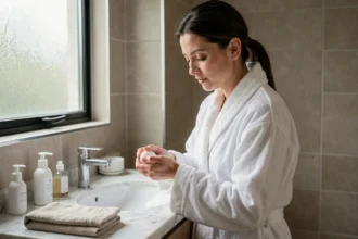 Femme en peignoir blanc appliquant un soin doux dans une salle de bain minimaliste aux tons beige, routine d'hygiène intime apaisante