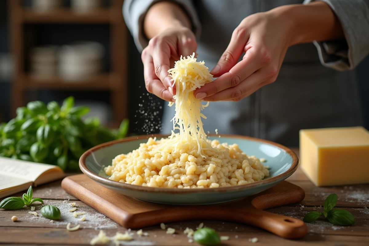 Râpage de parmesan sur risotto dans une cuisine rustique