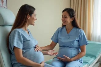 Sage-femme expliquant à une femme enceinte la dilatation du col lors d'une consultation prénatale
