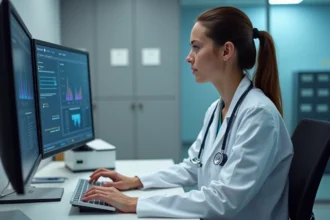 Professionnelle de santé sécurisant l'accès aux données patients sur un poste informatique hospitalier