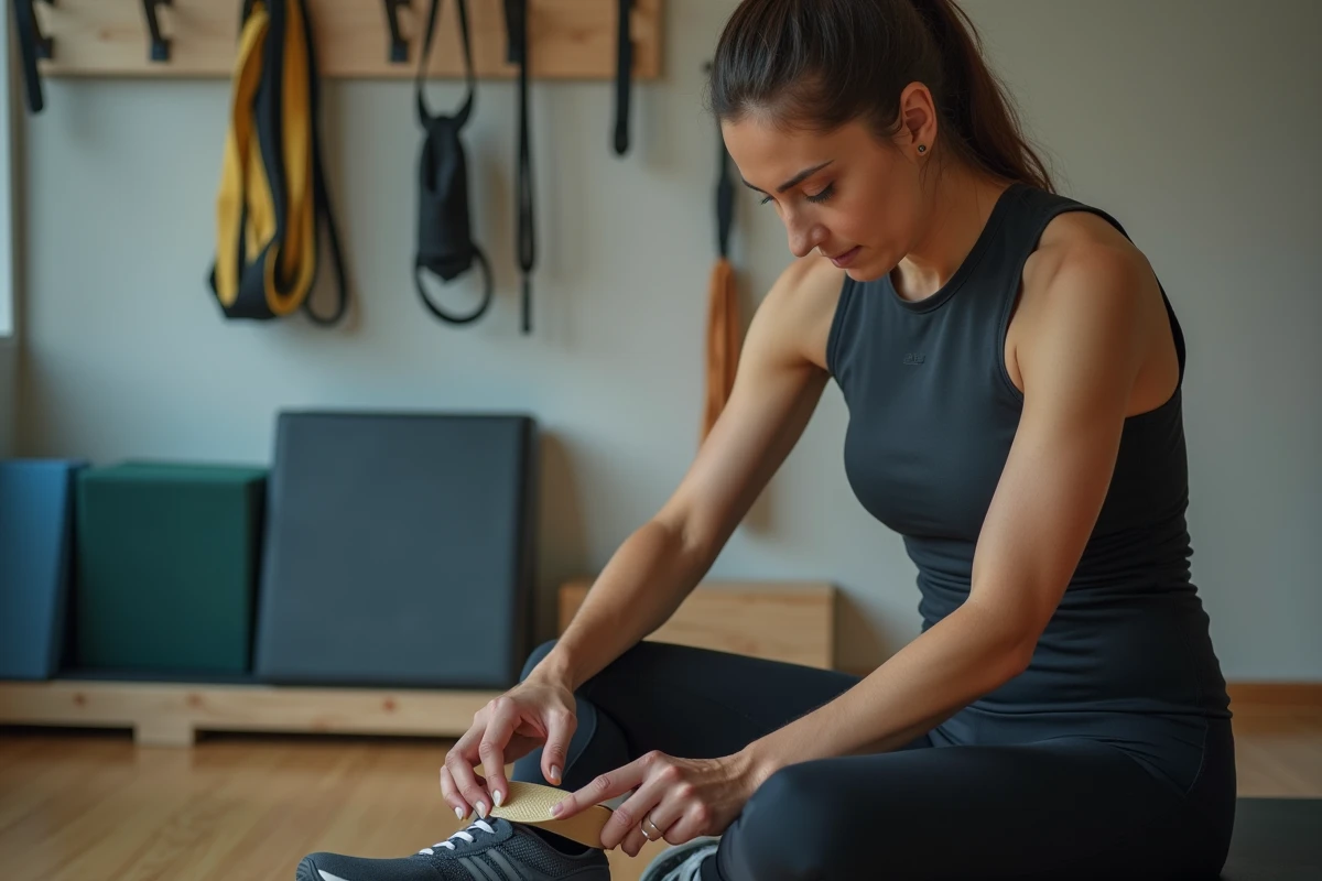 Femme insérant une semelle orthopédique pour épine calcanéenne dans une chaussure de sport en salle de rééducation