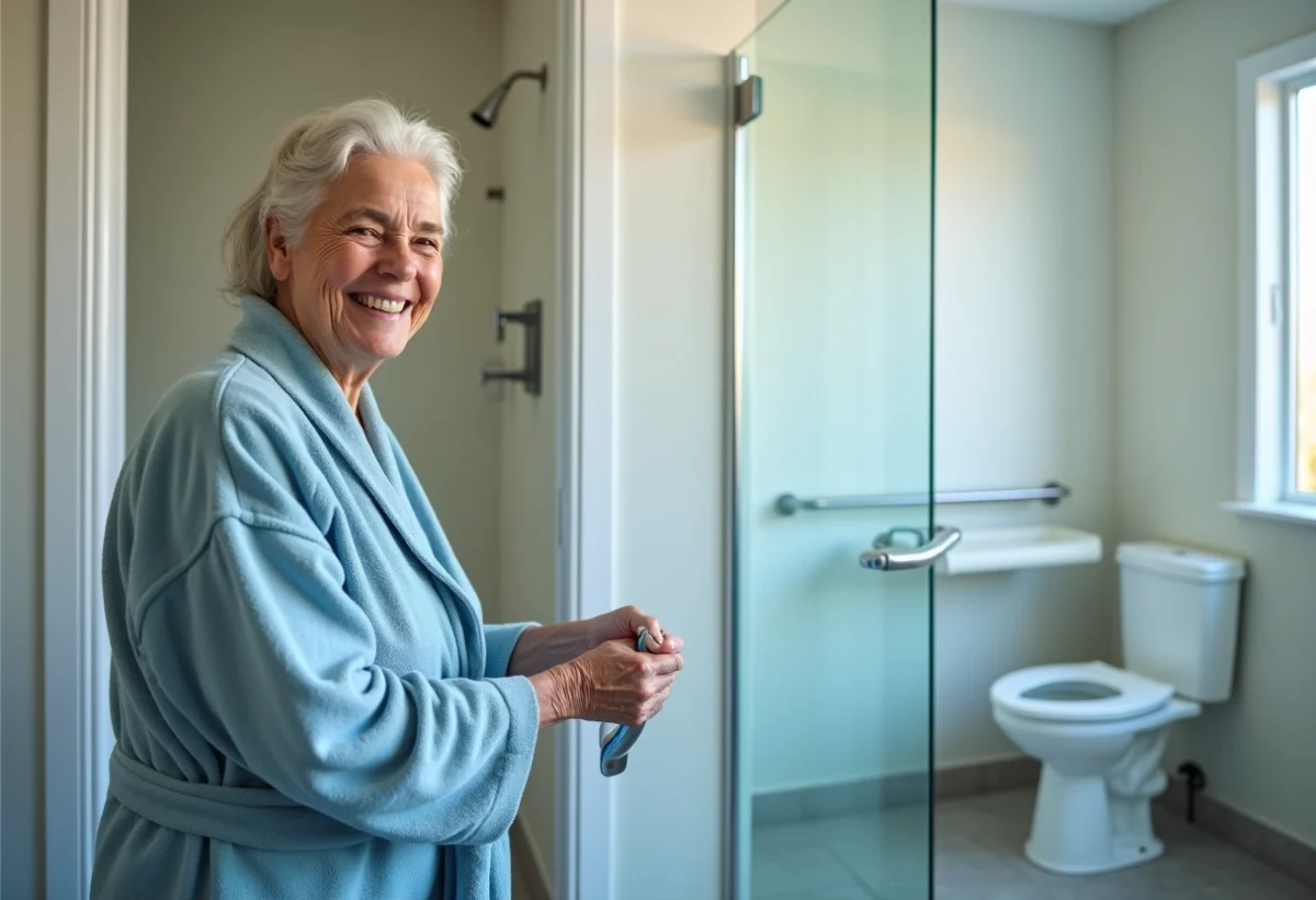 Femme senior souriante dans sa salle de bain sécurisée