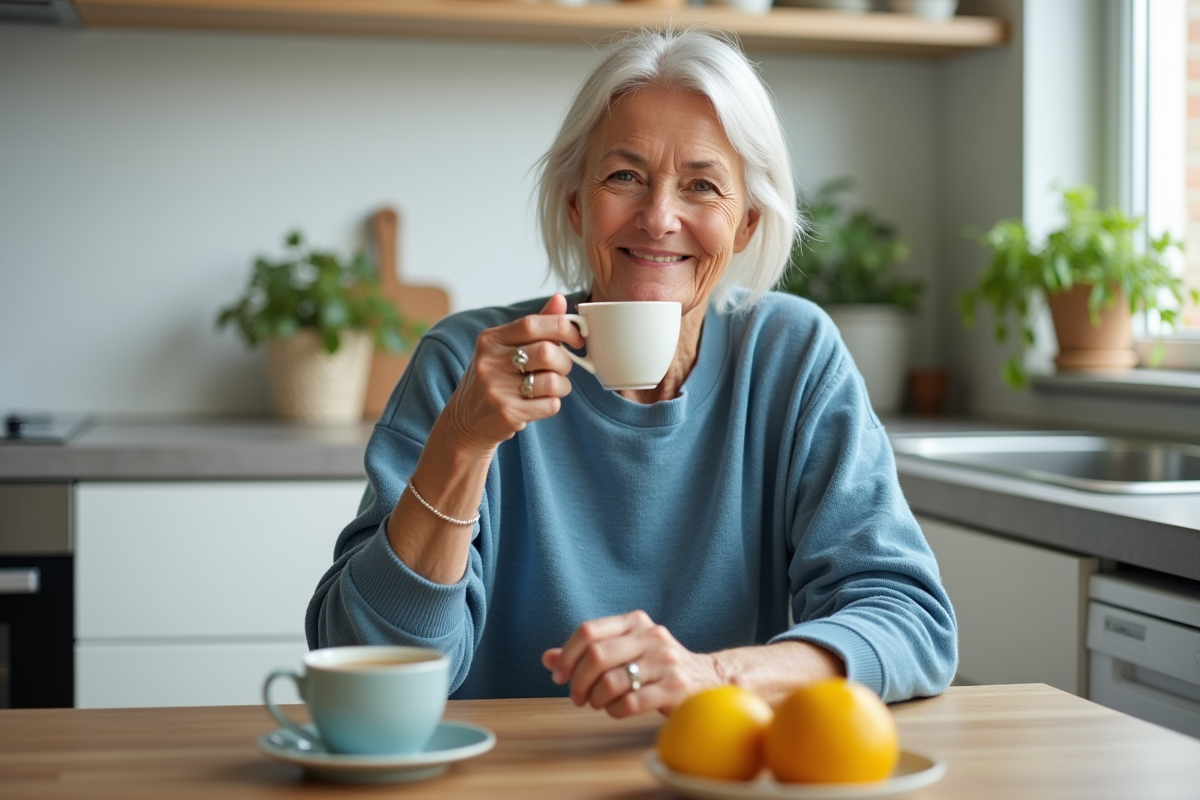 Seniore souriante buvant une tisane dans une cuisine moderne