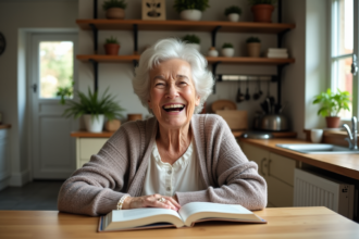 Seniorelle souriante lisant un livre dans la cuisine