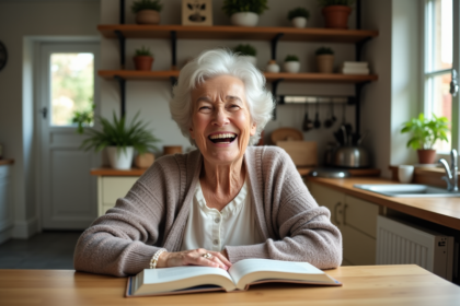 Seniorelle souriante lisant un livre dans la cuisine