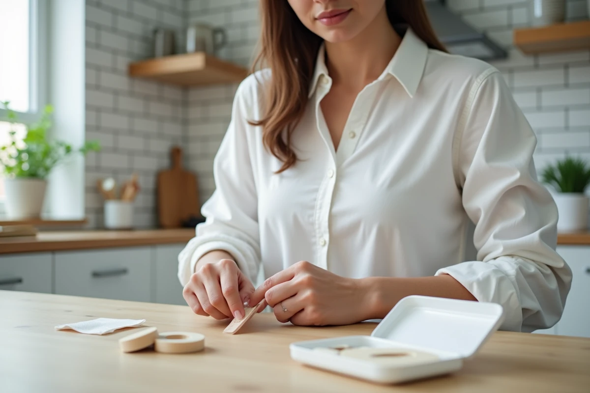 Femme soignant un ongle arraché avec un bandage et une trousse de premiers secours sur une table de cuisine