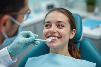 Jeune adulte souriant recevant un blanchiment dentaire en clinique