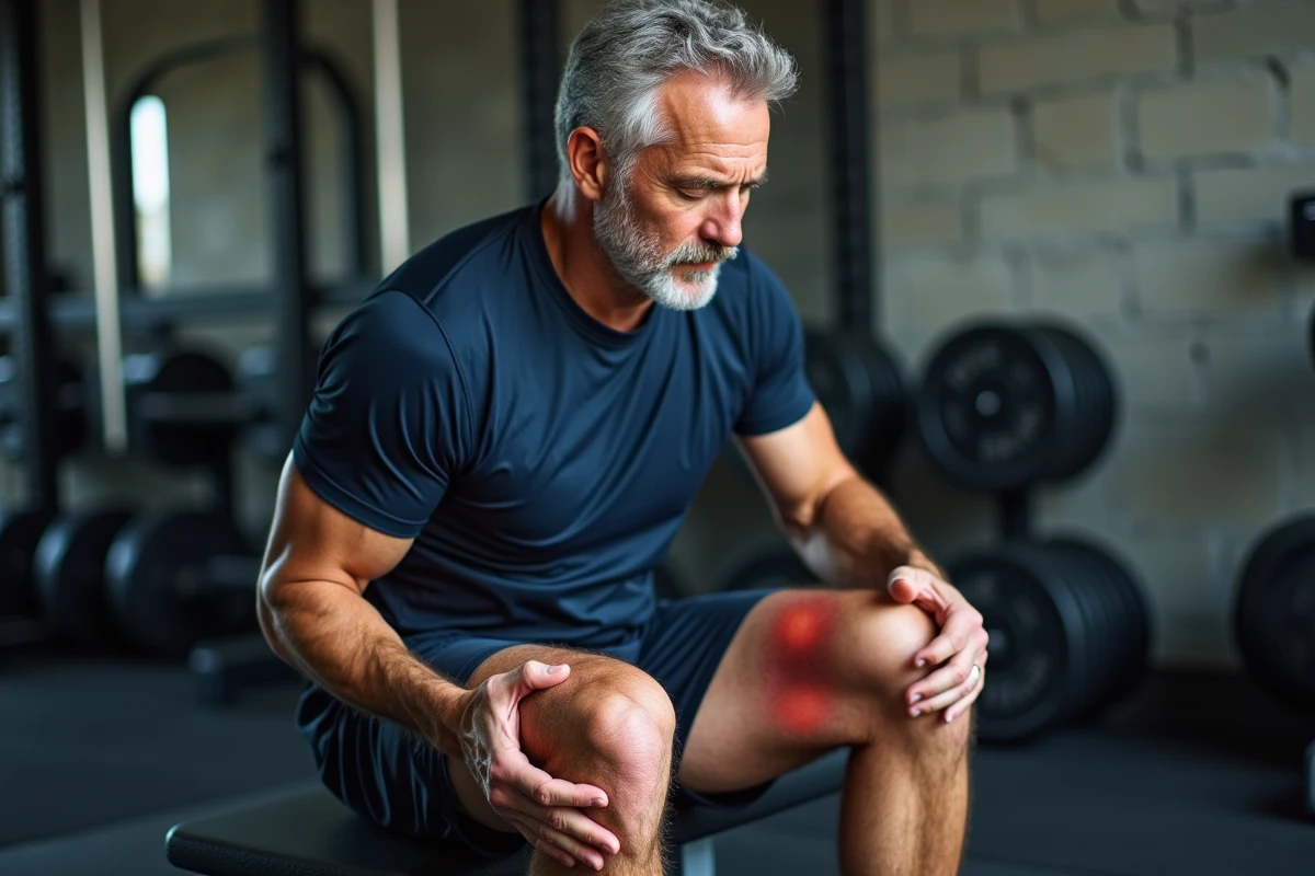 Sportif d'âge mûr massant une crampe musculaire sur la cuisse après l'effort dans une salle de sport