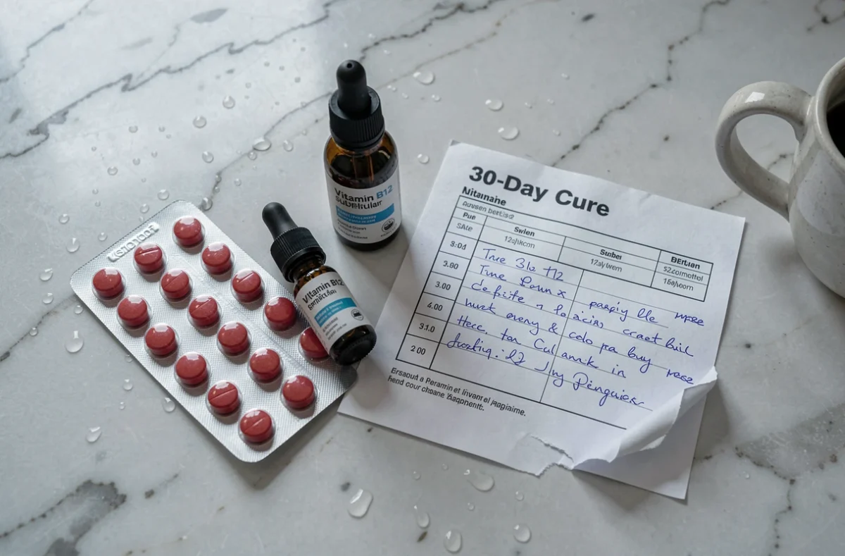 Différentes formes de vitamine B12 et calendrier de cure posés sur un plan de travail en marbre