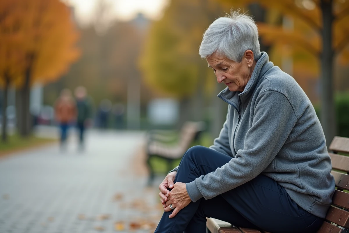 Femme âgée assise sur un banc tenant sa jambe, signe précoce d'artérite et d'artères des jambes obstruées