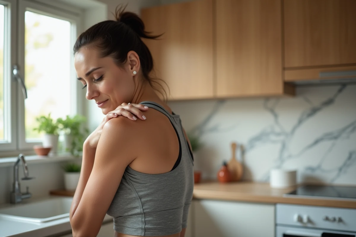 Femme ressentant une douleur à l'épaule droite à la maison, symptôme évocateur d'une fissure du tendon supra épineux