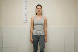 Femme française adulte en tenue de sport debout contre un mur de clinique, représentant la taille et le poids moyen de la femme en France