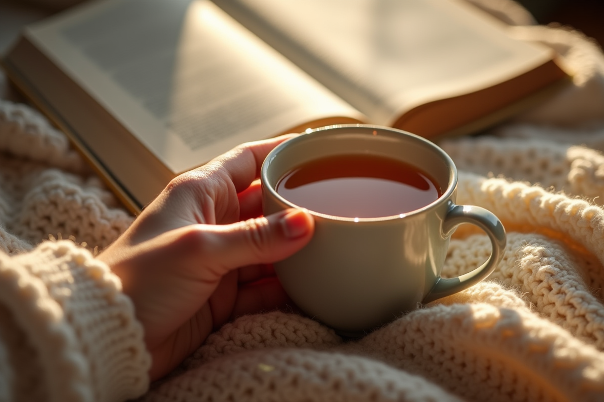 Main tenant une tasse de tisane dans un cadre chaleureux et lumineux
