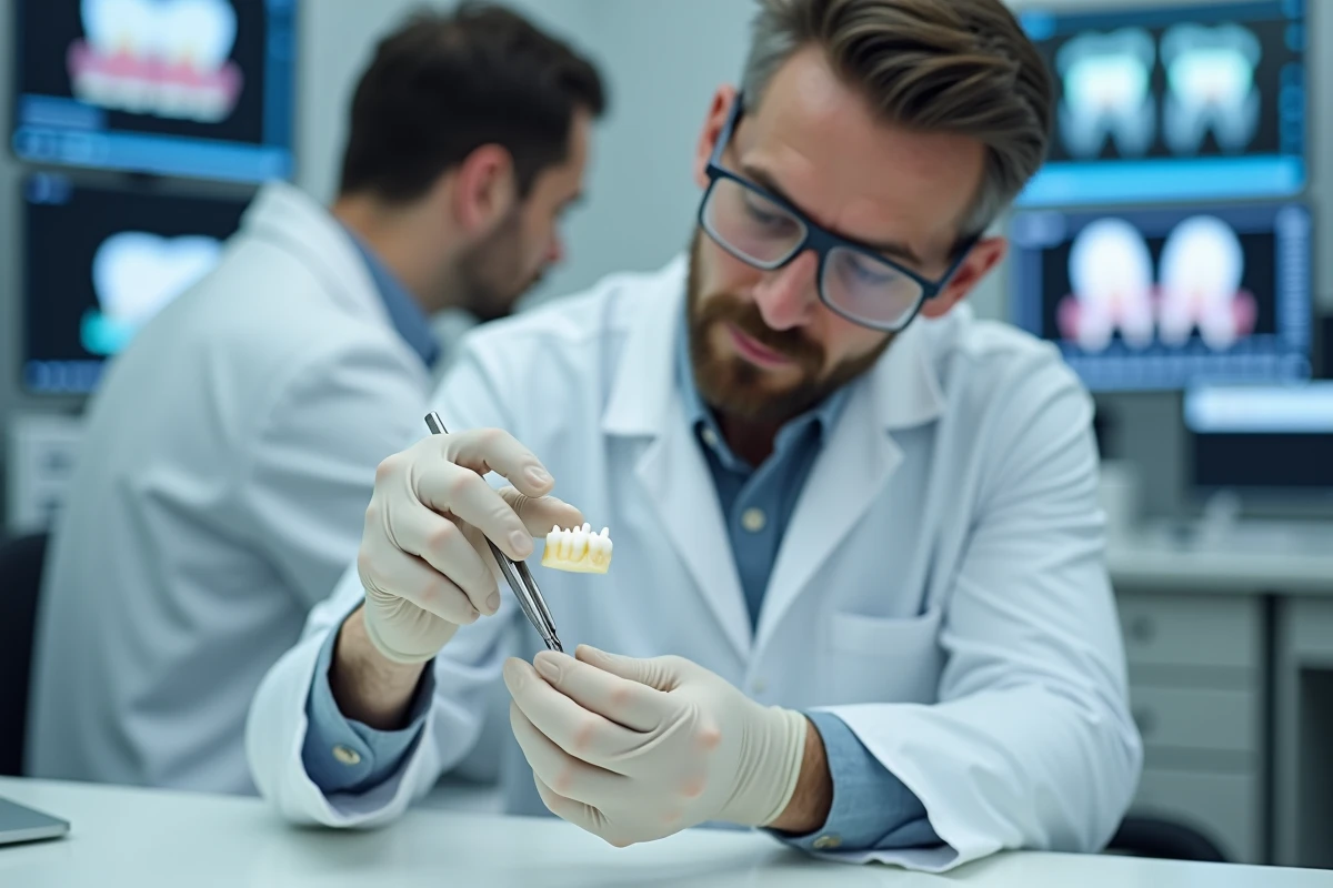 Technicien dentaire examinant une couronne en céramique dans un laboratoire moderne