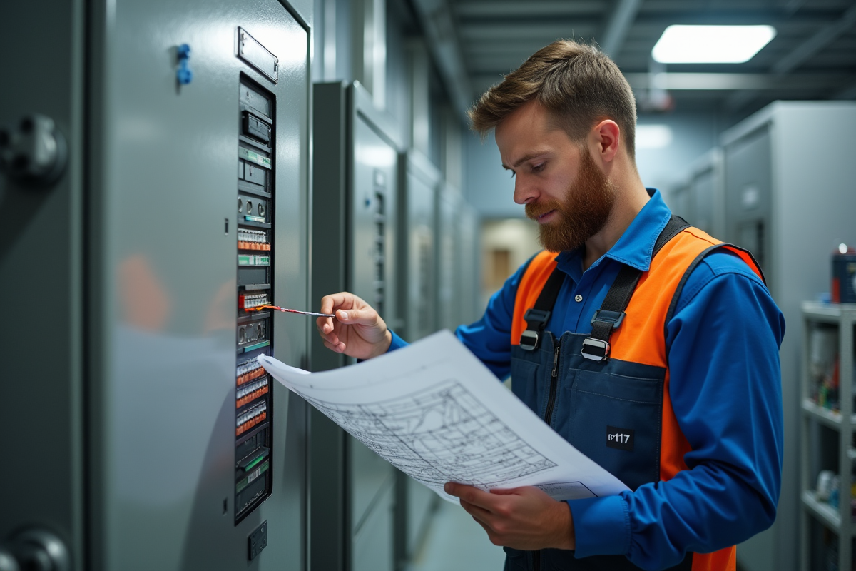 Technicien électrique examinant un schéma dans un atelier