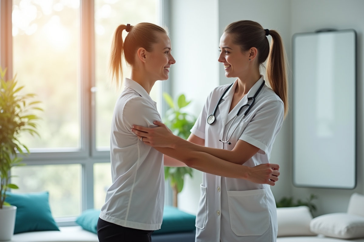 Thérapeute aidant un patient en exercices doux dans une clinique lumineuse
