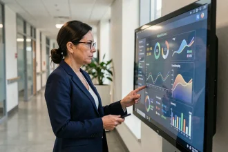 Professionnelle de santé interagissant avec un tableau de bord numérique dans un couloir d'hôpital moderne, illustrant la transformation digitale dans le secteur de la santé